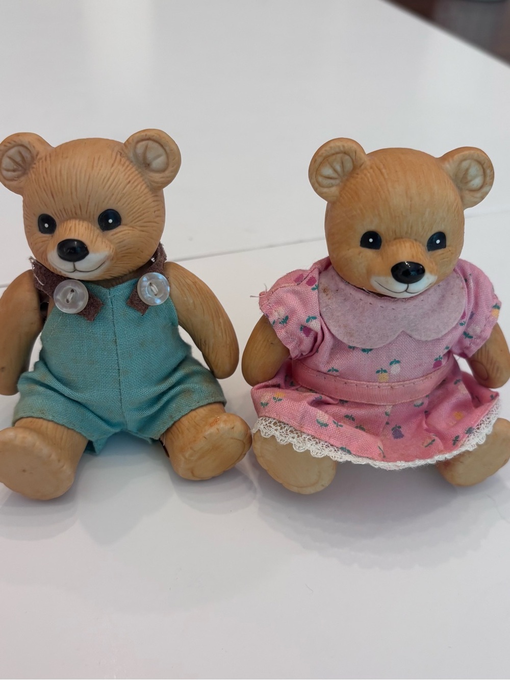 Homco Brown Bear Pair in Pink Dress & Teal Overalls
